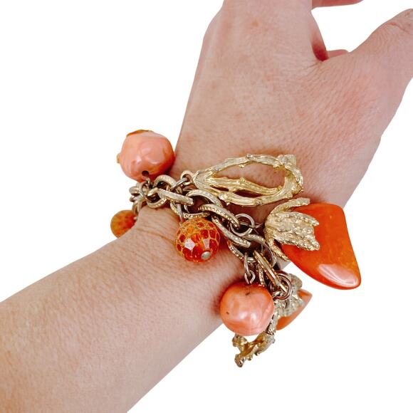 Vintage 1960s Gold Tone Orange Acrylic Charm Bracelet Abstract Mod Brutalist - Picture 2 of 9